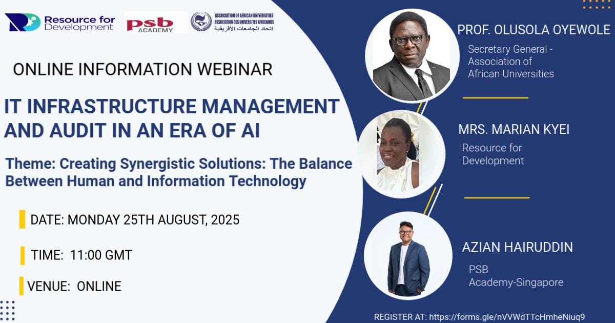 Resource4D's tweet image. Only 2 days left to register for the Online Information Webinar, a prelude to the 2025 Executive Training on IT Infrastructure Management and Audit in an Era of AI!
Date: Monday, 25th August 2025
Time: 11:00am GMT

Don’t miss out! Register now!
forms.gle/23hF98KXivuYx6…