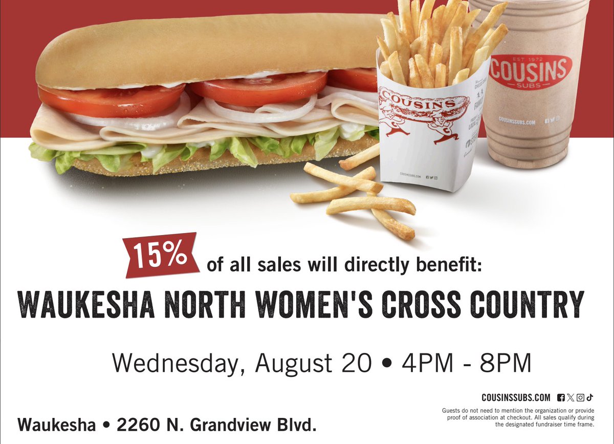 Come support the <a href="/WaukeshaNorth1/">Waukesha North HS</a> Women's Cross Country team by ordering from Cousin's Subs on Grandview TODAY Aug 20 from 4-8.