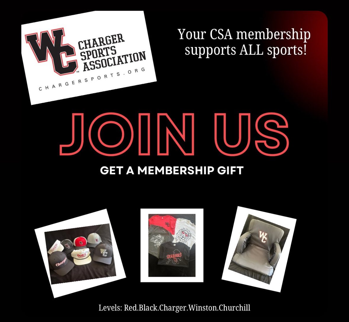 CSA Membership is now open!!! 
Your Membership includes the following gift per level:
Red ($25)Black ($100) - Hat
Charger ($200)- Hat and Tshirt
Winston ($500) - Hat, Tshirt and Stadium Chair
Churchill ($1000)- Hat, Tshirt and 2 Stadium Chairs

chargersports.org/membership