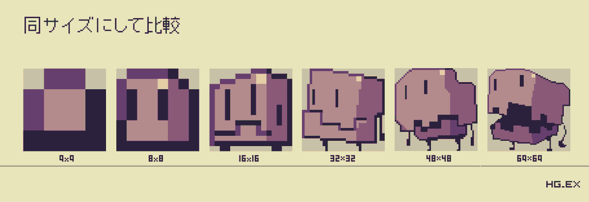 サイズの違うアウトライン有りドット絵を同サイズに拡大してアウトラインの占有率を比較した画像です。
小さいドット絵ほど線が太くなり描きにくくなっていきます。（作風などにもよりますが）
条件が重なると細部が描きれない事もあり得るので注意が必要です。
#ドット絵 #pixelart #ピクセルアート