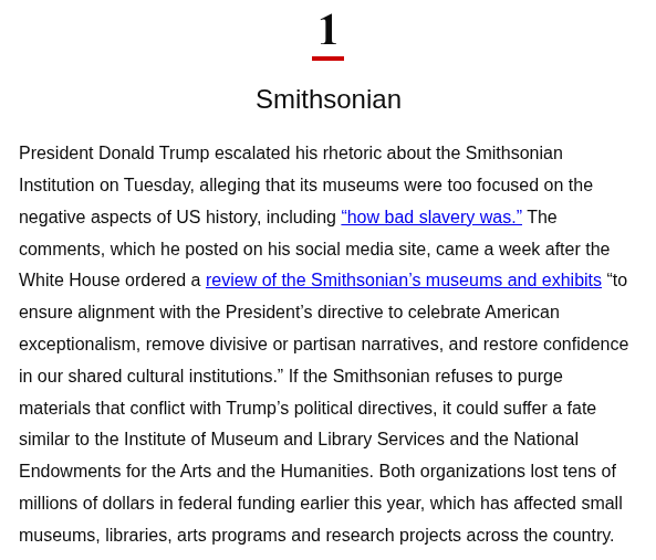 ubuntourist's tweet photo. From @CNN 5 Things AM August 20, 2025:
#news #CNN #censorship #resist #authoritarianism #whitewash #revisionist #Smithsonian #SmithsonianMuseum #SmithsonianInstitution #NineteenEightyFour https://t.co/Us0kVvFbpg