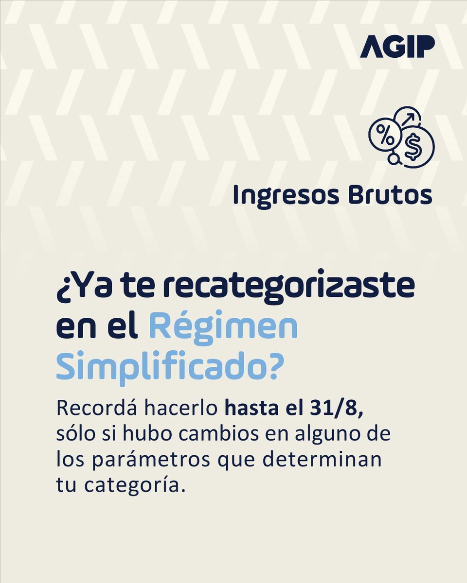 ❓¿No te recategorizaste en el Régimen Simplificado? Todavía estás a tiempo. Recordá que hasta el 31/8 podes hacerlo con tu Clave Ciudad.

💻 Conocé los nuevos montos máximos en agip.gob.ar/impuestos/ingr….