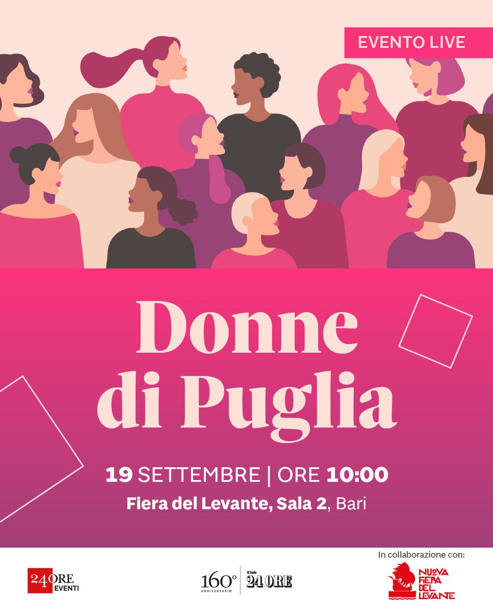 24ORE Eventi (@24eventi) on Twitter photo Donne di Puglia
Voci autorevoli racconteranno la trasformazione del Paese grazie alla leadership femminile, valorizzando le donne e la Puglia per innovazione e resilienza.
🗓️ 19/09 – <a href="/FieraDelLevante/">Nuova Fiera del Levante</a>, Bari
👥 Evento Live
Scopri di più: 24oreventi.ilsole24ore.com/donne-di-pugli…
#24OREventi Donne di Puglia
Voci autorevoli racconteranno la trasformazione del Paese grazie alla leadership femminile, valorizzando le donne e la Puglia per innovazione e resilienza.
🗓️ 19/09 – <a href="/FieraDelLevante/">Nuova Fiera del Levante</a>, Bari
👥 Evento Live
Scopri di più: 24oreventi.ilsole24ore.com/donne-di-pugli…
#24OREventi