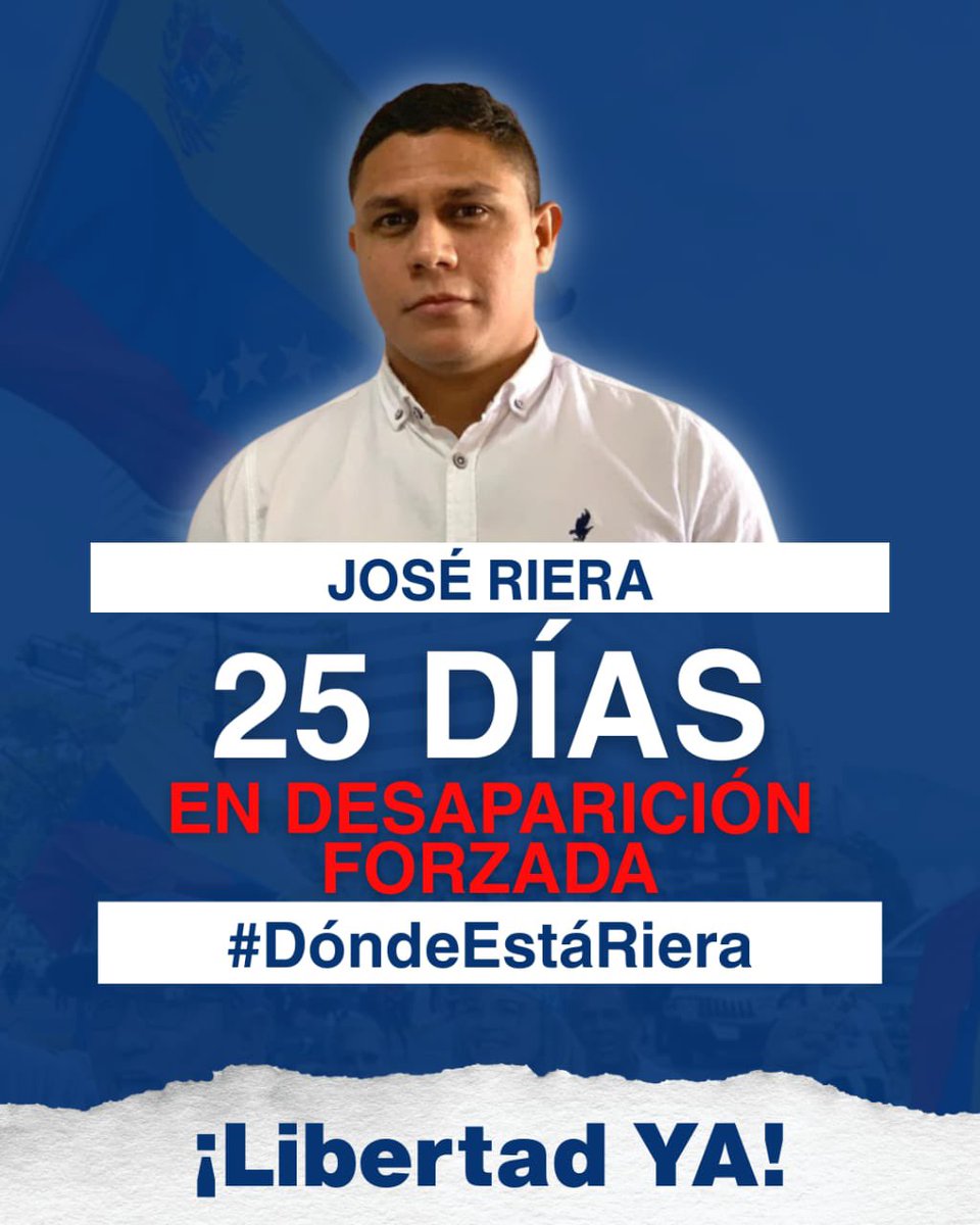 🚨 #URGENTE 🚨
Hoy se cumplen 25 días de la desaparición forzada de nuestro dirigente José Riera.

A pesar de los innumerables llamados de sus familiares, activistas de derechos humanos y dirigentes políticos de distintos países, la dictadura sigue sin dar información sobre su