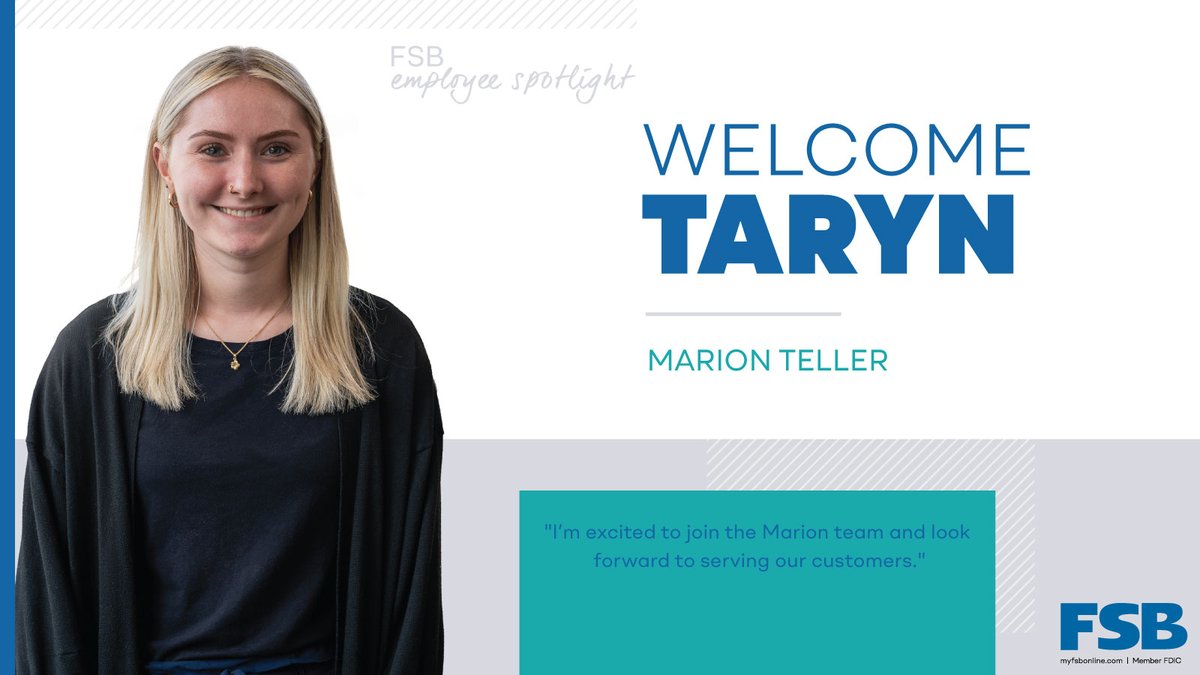 Join us in welcoming Taryn to our Marion branch teller team. Taryn has already started and is off to a great start. We’re glad to have her on board!