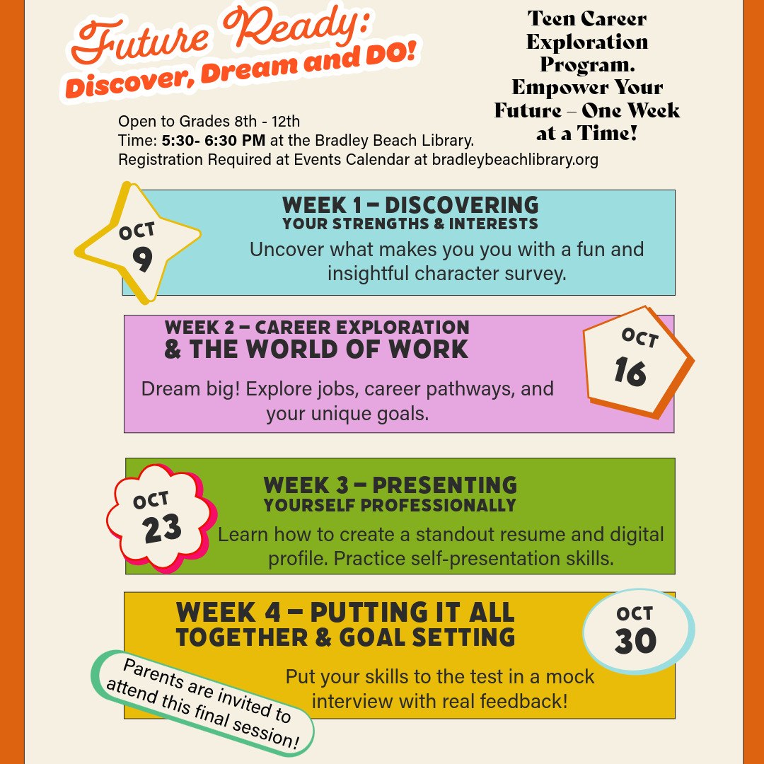 Registration required here: engagedpatrons.org/EventsExtended…

Únete a nosotros en un taller interactivo de 4 semanas diseñado para ayudar a los adolescentes a descubrir sus fortalezas, explorar posibilidades profesionales y desarrollar confianza para el futuro.