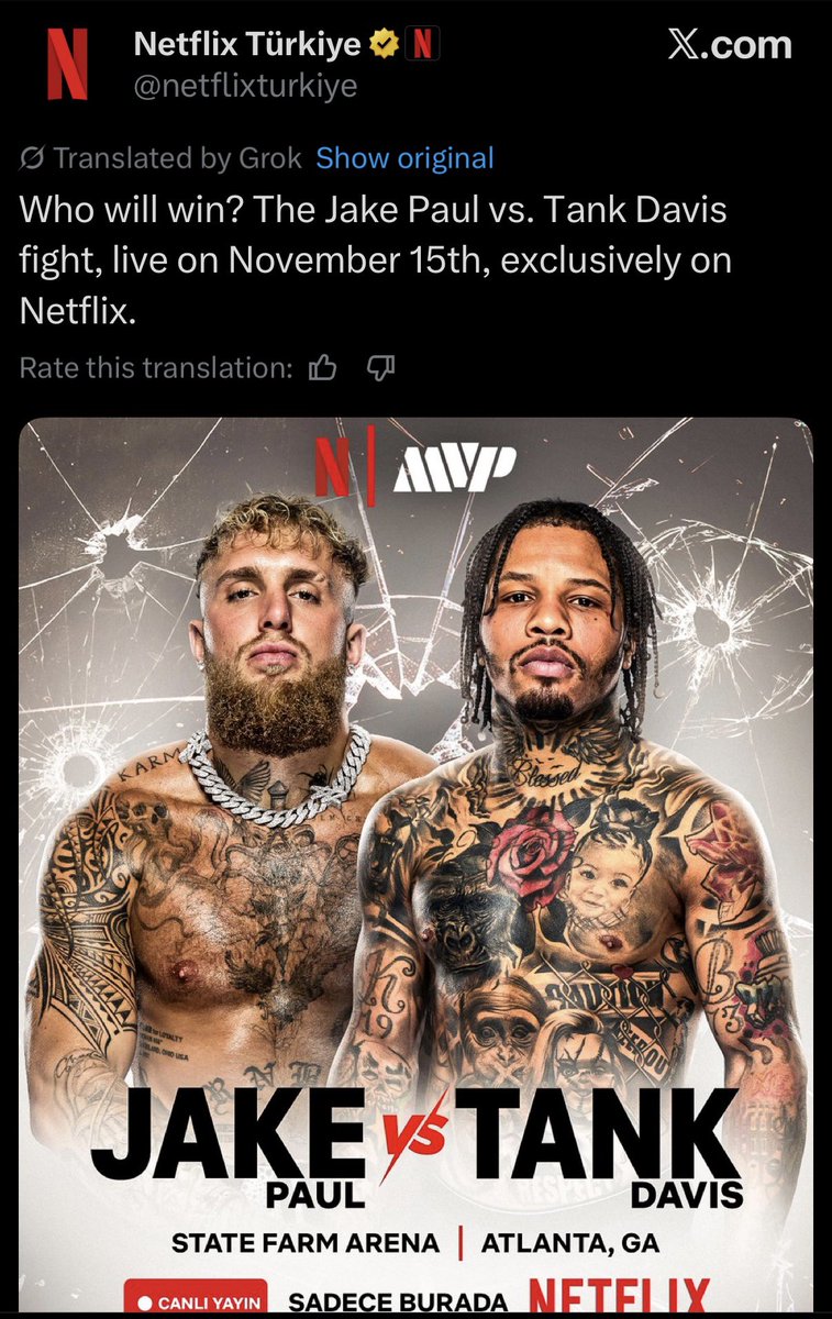 Turkey Netflix just leaked Jake Paul vs Tank Davis on November 15th 😭