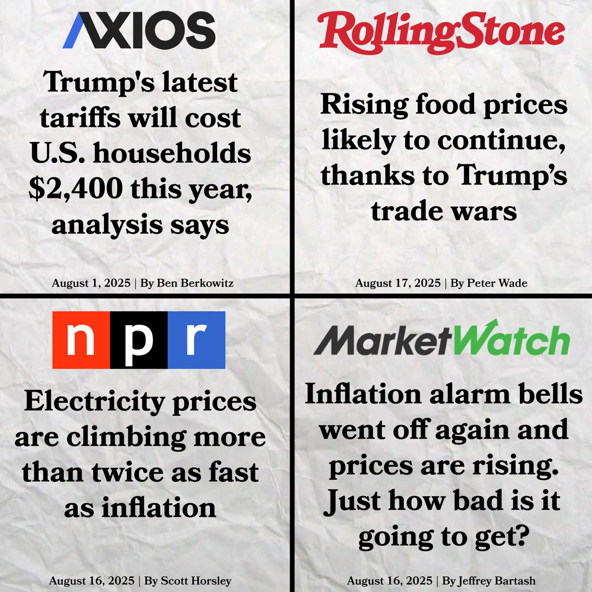 Trump's tariffs are going to cost you an extra $2,400 a year.

Grocery prices are up, energy bills are up, and inflation is up.

His Big, Ugly Bill is going to raise health care costs for EVERYONE.

Trump and Republicans promised to make things more affordable. They lied.