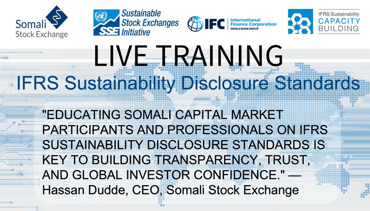 Somali Stock Exchange (@somalistockexch) on Twitter photo Educating Somali capital market participants and professionals on IFRS sustainability disclosure standards is key to building transparency, trust, and global investor confidence." — <a href="/HassanDudde/">Hassan Dudde</a> , CEO, <a href="/SomaliStockExch/">Somali Stock Exchange</a>
#sustainability #ISSB #IFRS #IFRSsustainability #exchanges Educating Somali capital market participants and professionals on IFRS sustainability disclosure standards is key to building transparency, trust, and global investor confidence." — <a href="/HassanDudde/">Hassan Dudde</a> , CEO, <a href="/SomaliStockExch/">Somali Stock Exchange</a>
#sustainability #ISSB #IFRS #IFRSsustainability #exchanges