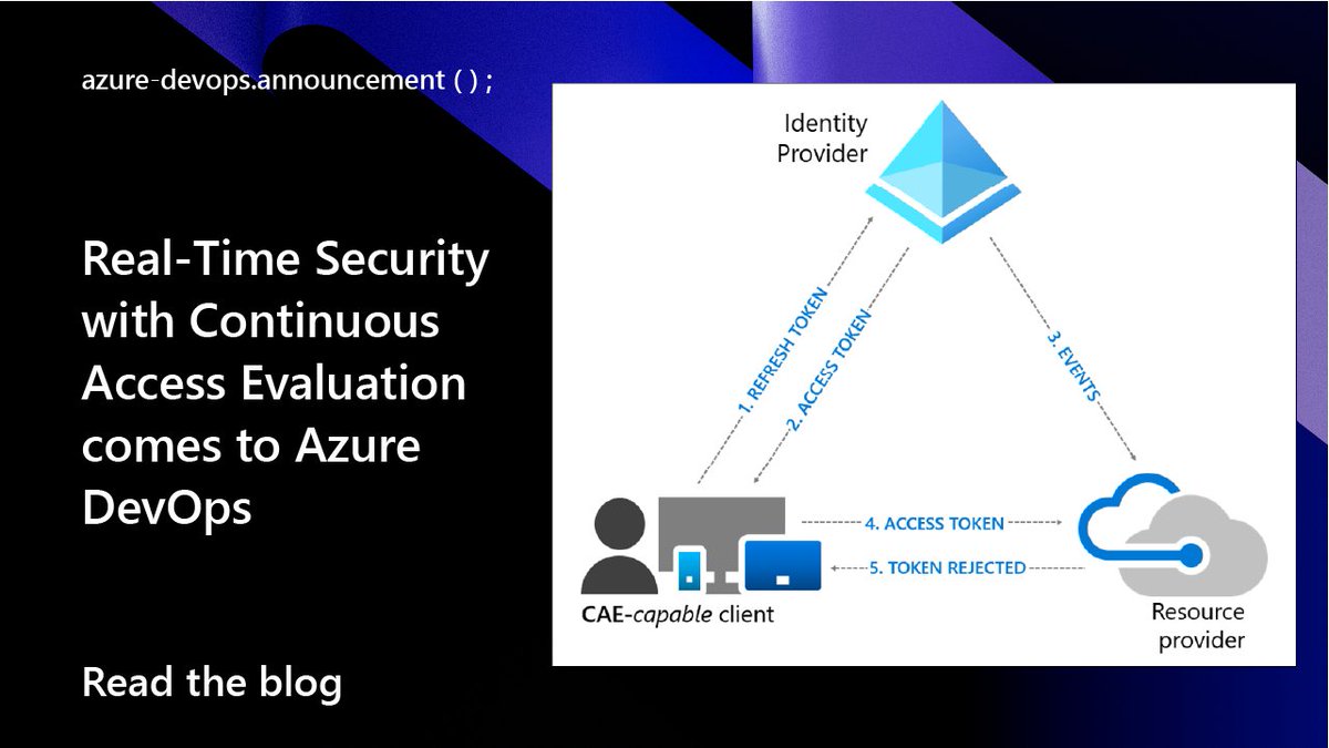 🔐 Real-time security lands in #AzureDevOps! With Continuous Access Evaluation (CAE), access can be revoked instantly after key events—like password resets or MFA changes. Devs using .NET must handle token rejections (cont) msft.it/l/6011sVQpH