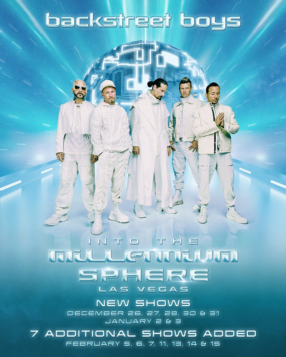 DUE TO OVERWHELMING DEMAND, 7 additional Backstreet Boys shows have been added at Sphere on Feb 5, 6, 7, 11, 13, 14 &amp; 15! 🌐💫

Tickets for all shows go on sale to the general public beginning on Fri, Aug 22 at 9am PT.

On sale start times will be staggered depending on the