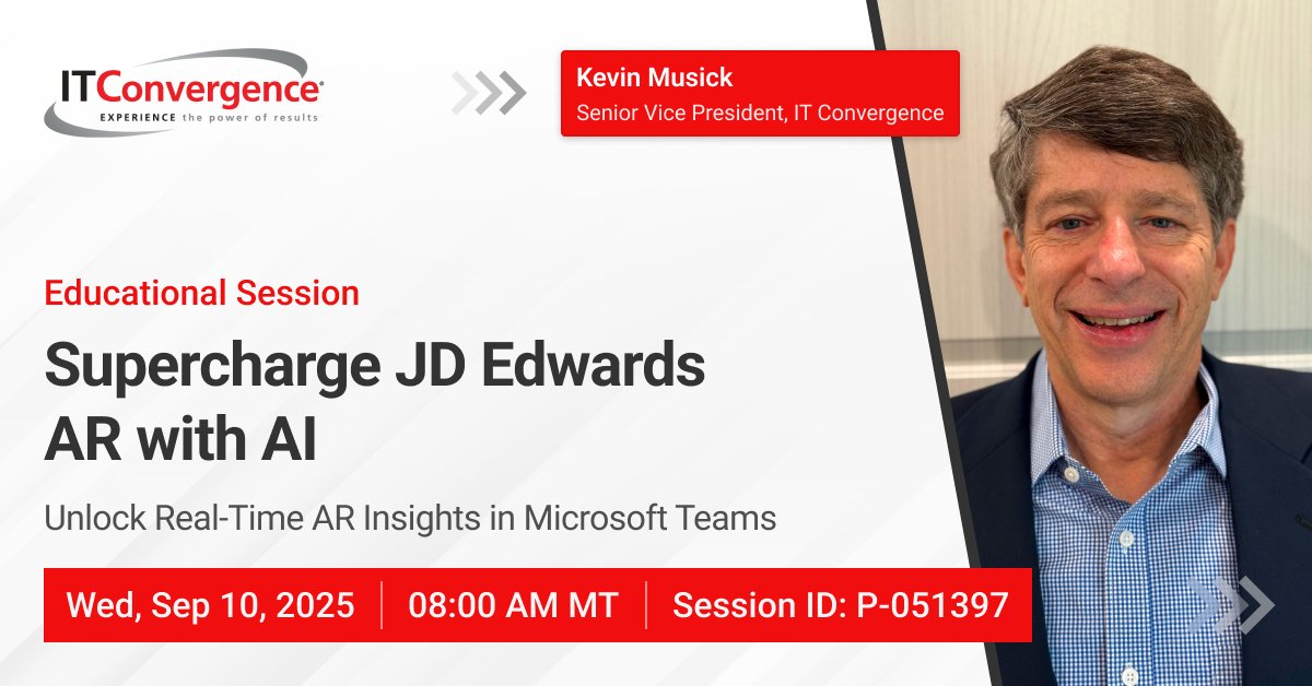 At #INFOCUS2025, join Kevin Musick, SVP at IT Convergence, to see how Conversational AI + Orchestrator can:
✅ Deliver real-time AR reporting 
✅ Cut manual reporting and speed up decision-making     

hubs.ly/Q03DjzWx0
#JDEdwards #JDE #Automation