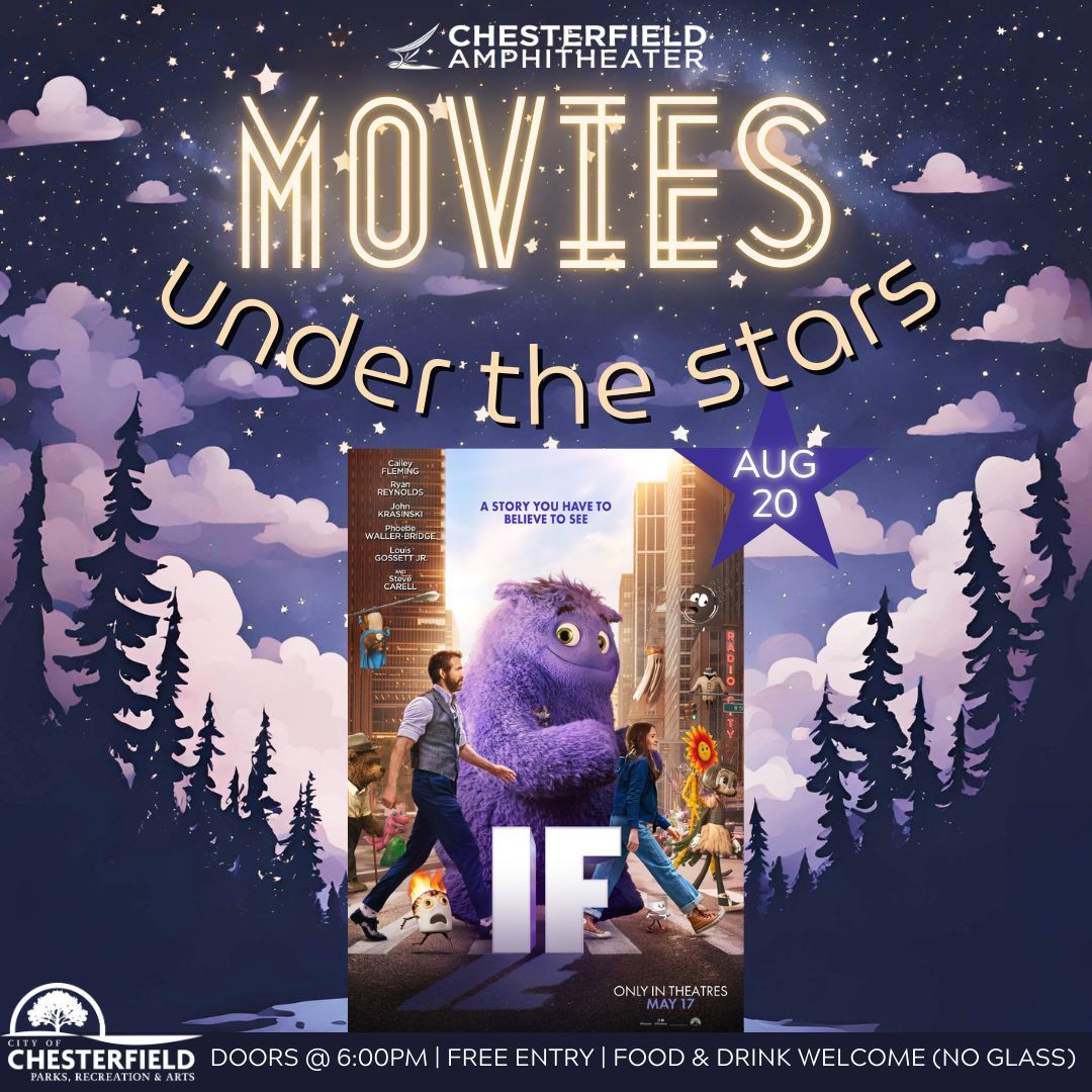 Bring your family, friends, and Imaginary Friends, to our Movies Under the Stars event at the Chesterfield Amphitheater TONIGHT! Pack a picnic, bring your lawn chairs and blankets, and enjoy an evening under the stars watching the movie IF in a unique viewing experience ✨