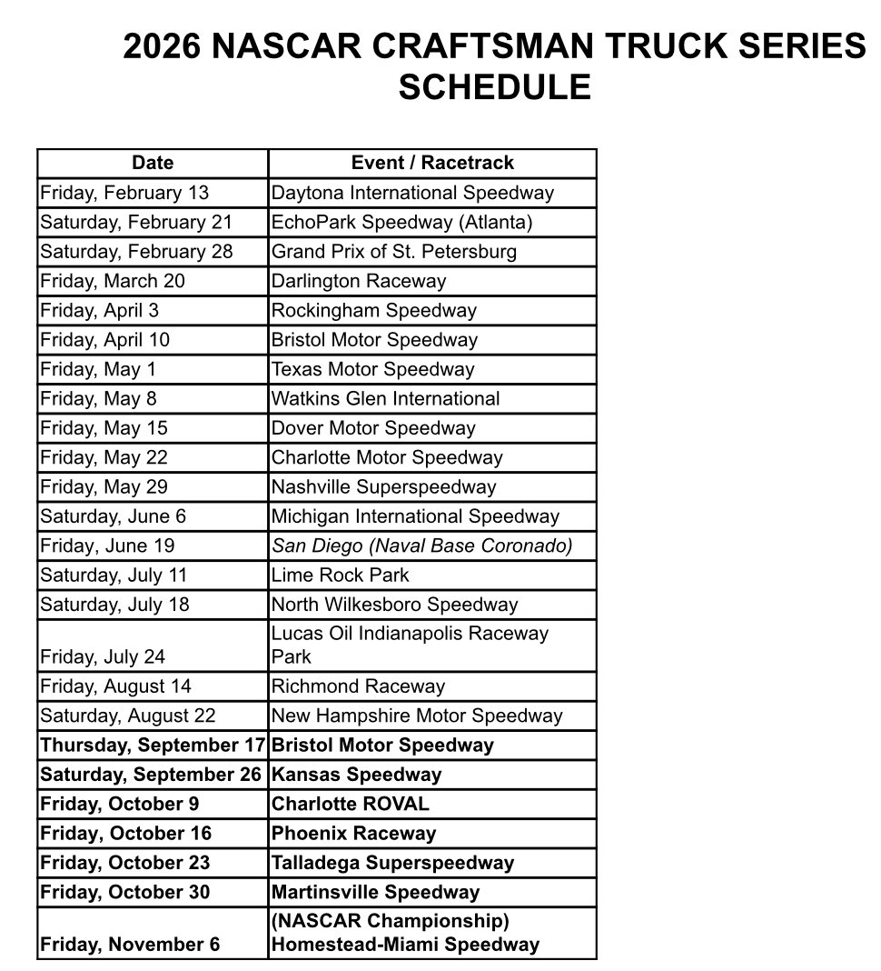 2026 NASCAR national series schedules: