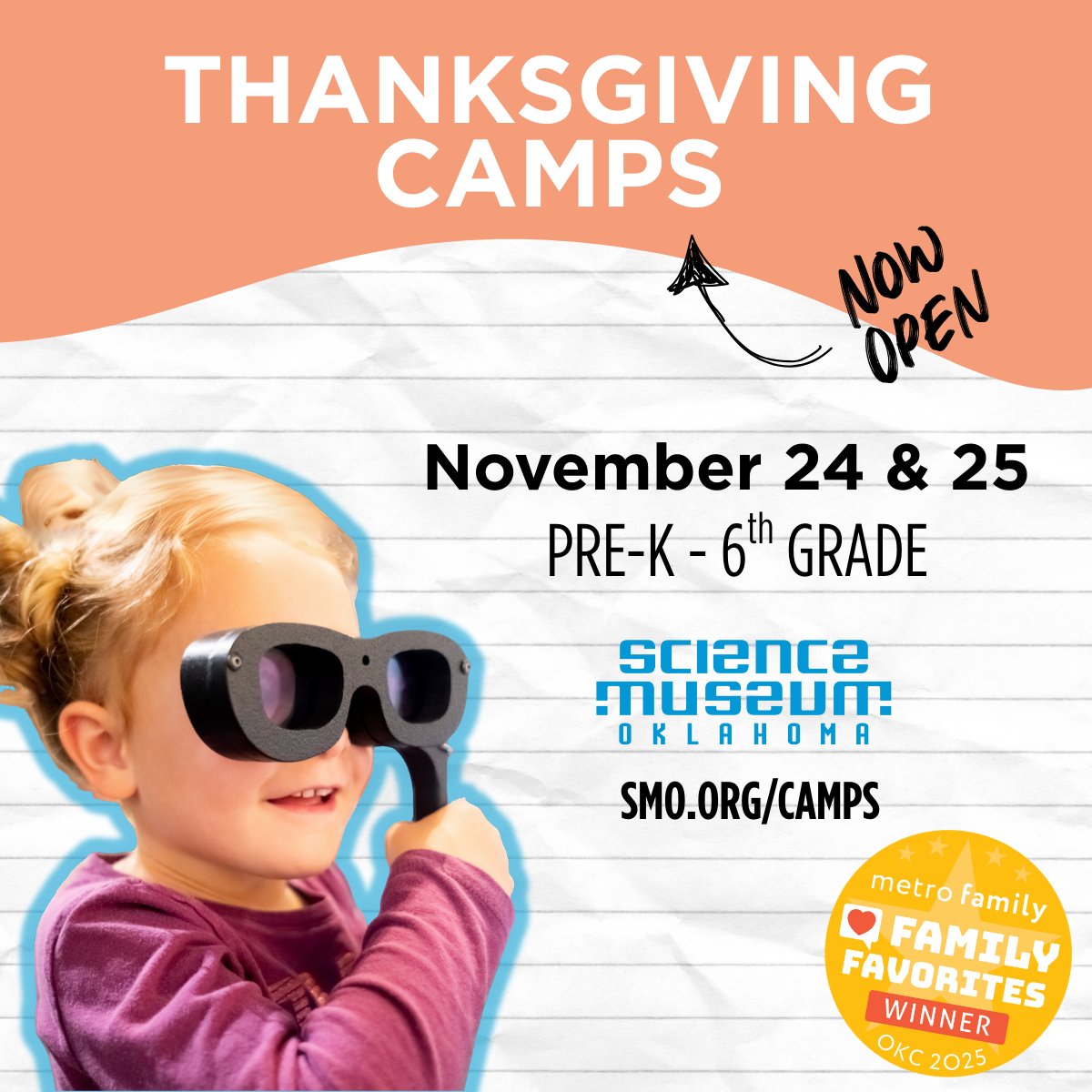 sciencemuseumok's tweet photo. Fall and Thanksgiving camps are now open for registration! Pre-K through 6th graders can look forward to days packed with discovery and fun. Spots fill quickly, so reserve yours today. Register: https://t.co/gPMTb7tBBX https://t.co/rJLQAgxpR2