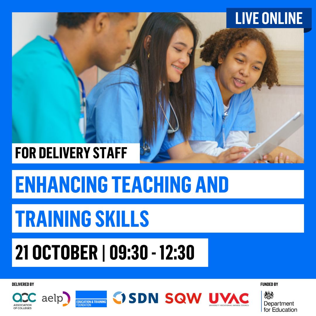 Spaces are still available on the below Apprenticeship Workforce Development (AWD) course: Enhancing teaching and training. Places are limited, so don't miss out. Register now to secure your spot 👉 buff.ly/vDz5lvB 
Funded by the Department for Education (DfE)