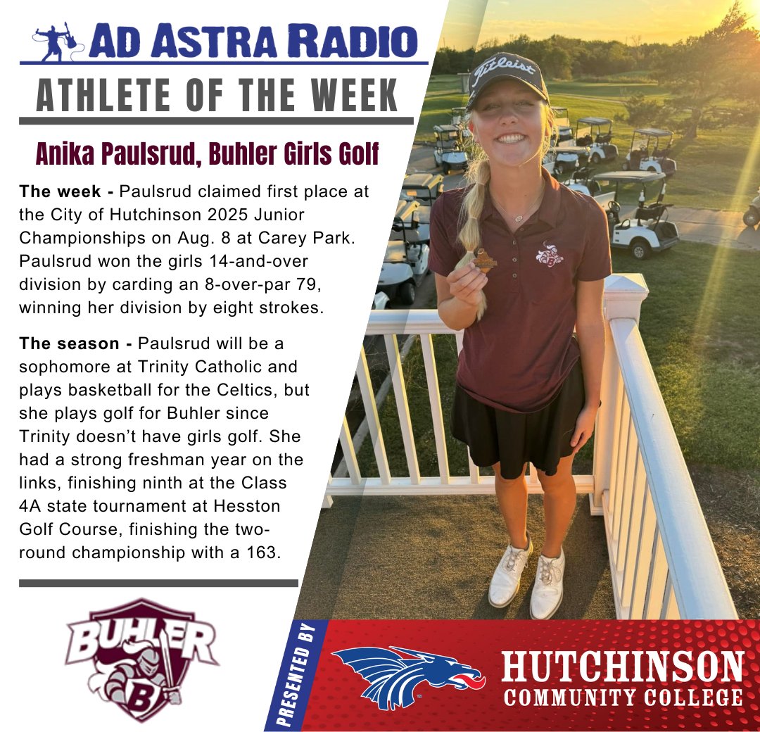 🏌️‍♀️🎉Congratulations to Ad Astra Radio's Athlete of the Week, Trinity Catholic sophomore Anika Paulsrud with Buhler Girls Golf.  

Ad Astra Radio's Athlete of the Week is presented by Hutchinson Community College.

#AOTW #AthleticAchievement #BuhlerGolf #TrinityCatholicHighSchool