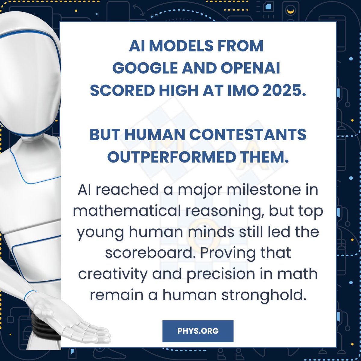 MATNatlOffice's tweet image. 🧮🤖🥇 AI pulled up with gold medals, but Gen Z mathletes said “hold my calculator” and dropped perfect scores. Still human-coded. #MathOlympiad #AIWho #BrainFlex #GenZGenius
Read more about it here:
phys.org/.../2025-07-hu…...