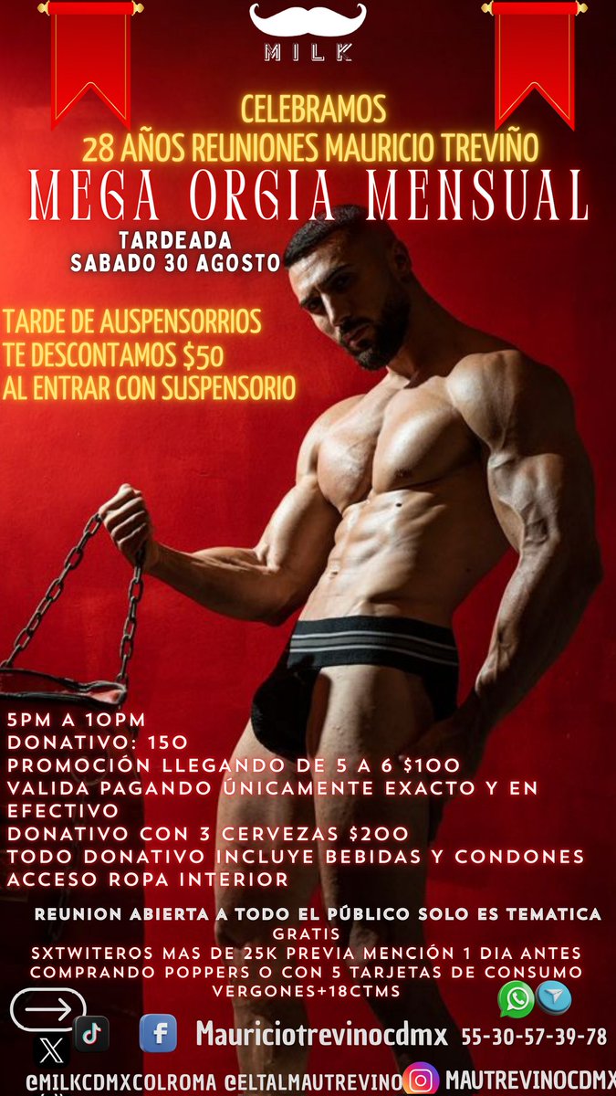 MILKCDMXCOLROMA's tweet image. 🎊CELEBRAMOS🎊

♦️28 AÑOS DE REUNIONES TREVIÑO

🩲MEGA ORGIA EN SUSPENSORIOS TARDEADA Y NOCTURNA

🎫TENDREMOS INVITACIONES PARA LA GRAN APERTURA DE @CLUBGAYGOCRAZY y @LOBBYCENTRO 

❌SXTWITEROS 🍆 VERGONES

🔄RT Y PARTICIPA EN CORTESIA
TREVIÑO wa.link/0js0fi