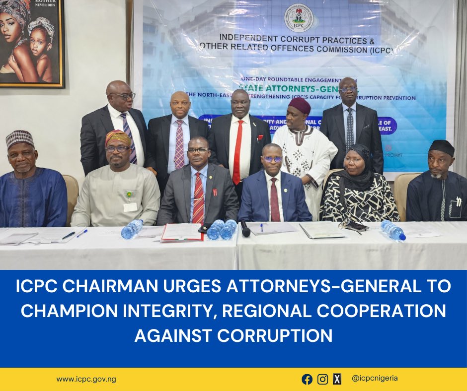 icpcnigeria's tweet image. ICPC Chairman, Dr. Musa Adamu Aliyu, SAN, charged Attorneys-General from the North-East to champion integrity, strengthen institutions, and work across states to defeat corruption.
Full story here: icpc.gov.ng/icpc-chairman-…
#ICPCStateOffice #TransparencyFiles #EthicsPod