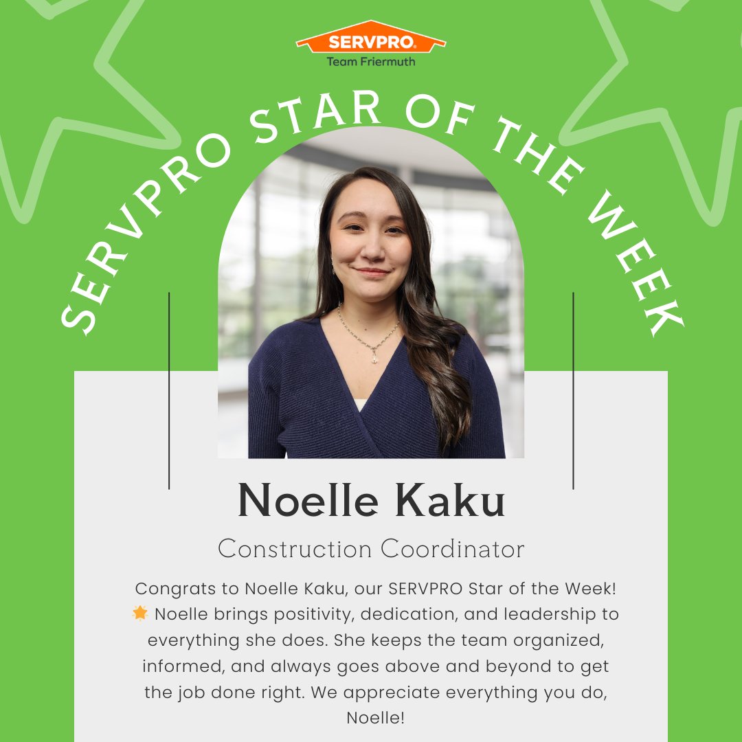 Please join us in celebrating Noelle Kaku as our SERVPRO Star of the Week! 🌟 Noelle goes above and beyond every day, bringing positivity, dedication, and leadership to our team. We appreciate all of your hard work and everything you do, Noelle! #servprostar #servpro #oneteam