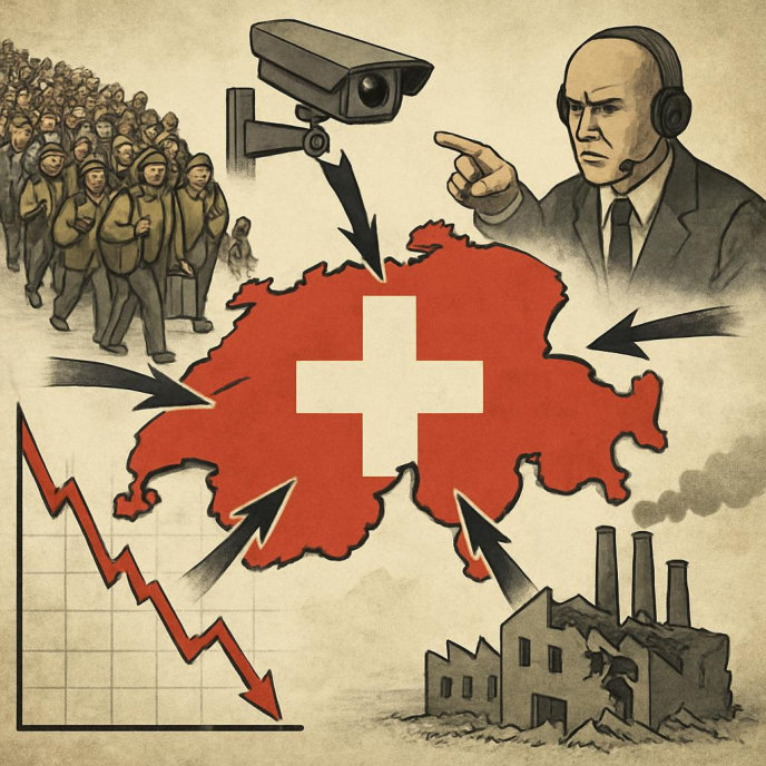 Der Angriff auf uns Menschen ist total und kommt von allen Seiten!

Neue grundrechtswidrige Gesetze, neue Überwachungstools wie die E-ID oder CBDCs, anhaltende Massenmigration mit Bevölkerungsaustausch (Kalergi-Plan), Aushöhlung unserer Werte und Kultur als Willensnation, (noch)