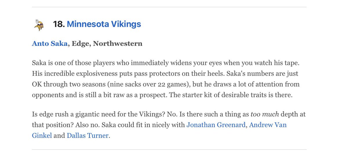 Yates mock drafts Saka as No. 18 overall.

If he lives up to the hype, this would make him the highest draft pick on defense in program history