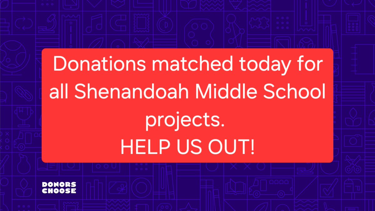 Shenandoah Middle School Museums Magnet (@shenandoahms) on Twitter photo Donations to all @donorschoose projects are being matched TODAY only! To our Miami people - Help out our students at Shenandoah Middle! Click on link below to see all posted projects. <a href="/CarnivalCruise/">Carnival Cruise Line</a> <a href="/OrangeBowlCares/">Orange Bowl Cares</a> <a href="/CFPExtraYard/">College Football Playoff (CFP) Foundation</a> <a href="/Lennar/">Lennar</a> donorschoose.org/donors/search.… Donations to all @donorschoose projects are being matched TODAY only! To our Miami people - Help out our students at Shenandoah Middle! Click on link below to see all posted projects. <a href="/CarnivalCruise/">Carnival Cruise Line</a> <a href="/OrangeBowlCares/">Orange Bowl Cares</a> <a href="/CFPExtraYard/">College Football Playoff (CFP) Foundation</a> <a href="/Lennar/">Lennar</a> donorschoose.org/donors/search.…