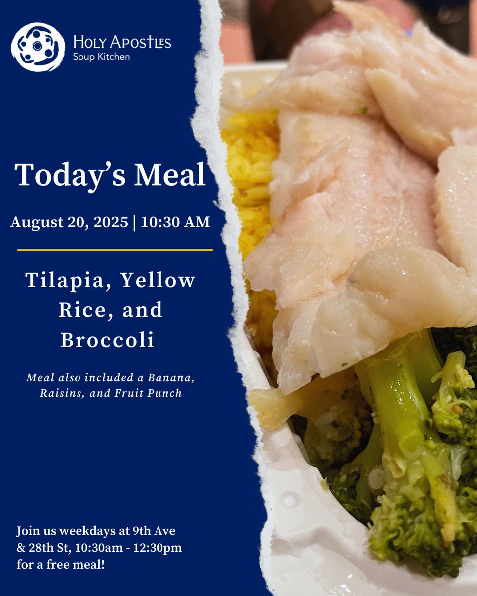 HolyApostlesNYC (@holyapostlesnyc) on Twitter photo On this cloudy day, we're excited to share some delicious tilapia, flavorful yellow rice, and crisp broccoli with our guests.
Thanks to <a href="/kommissarynyc/">Kommissary</a>'s Hungry No More, we're able to brighten up someone's day with this warm, nourishing meal! 🙌
#NYC #freemealsnyc On this cloudy day, we're excited to share some delicious tilapia, flavorful yellow rice, and crisp broccoli with our guests.
Thanks to <a href="/kommissarynyc/">Kommissary</a>'s Hungry No More, we're able to brighten up someone's day with this warm, nourishing meal! 🙌
#NYC #freemealsnyc