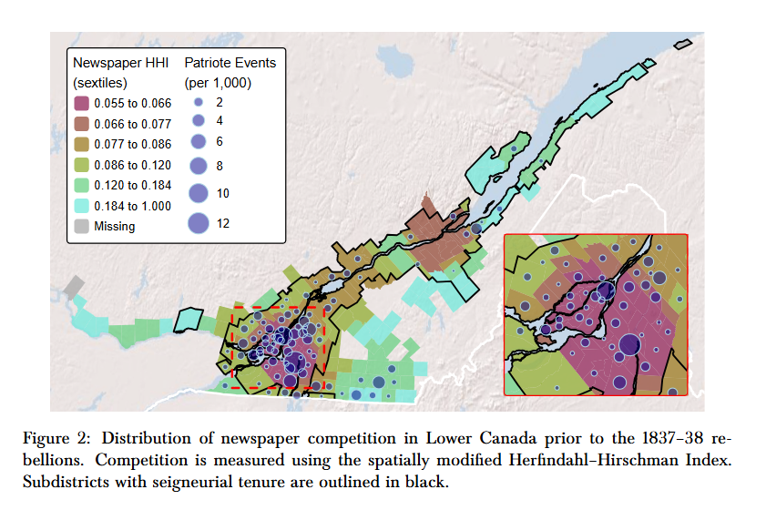 From a forthcoming paper with Patrick Crawford (on the market this year -- hire him) on rebellions in Canada in 1837-38 and media competition. The map shows the intensity of rebellious activity and newspaper competition. As one can "eyeball regress", rebellions are tied to media