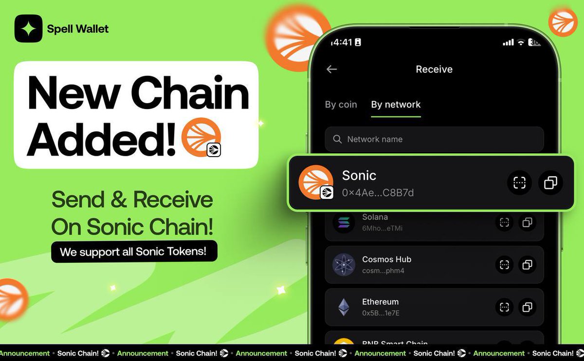 🪙 Hot News! <a href="/SonicLabs/">Sonic Labs</a>  Chain is now Available!

Sonic Chain is now supported in Spell Wallet! 🔥

🪙 Send &amp; Receive your favourite tokens on Sonic chain! Spell Wallet now supports all Sonic-based tokens!

❓ How to add Sonic:

1️⃣ Open Spell Wallet
2️⃣ Tap “Receive” and choose