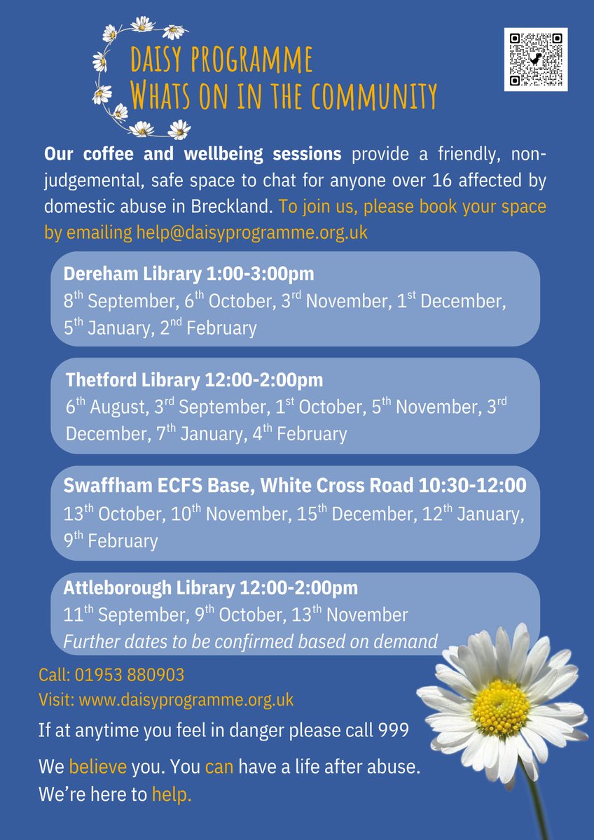 Have you or someone you know been affected by domestic abuse?

The <a href="/Daisyprog/">@Daisyprog</a> coffee and wellbeing sessions provide a safe space to chat for those over the age of 16 who have been affected by domestic abuse.

Find out more and email help@daisyprogramme.org.uk to book your space👇