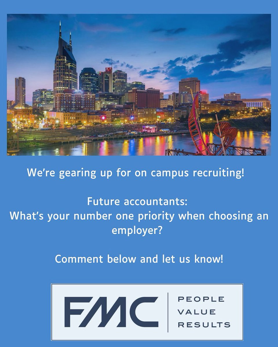 Campus recruiting season is HERE, and we’re ready to meet YOU! 👋 List your must-haves below 👇 and let’s spark some conversation! 💭 

#campusrecruitment #accountinglife #fmccareers #dreamjobgoals #futurecpa