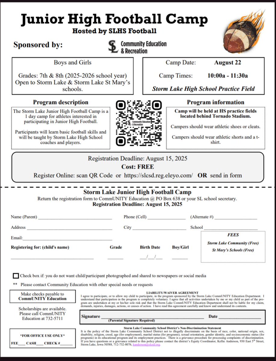 Parents! If you have students in Middle School interested in football! The High School football team will be hosting a football camp this Friday at 10am before our scrimmage in Cherokee!