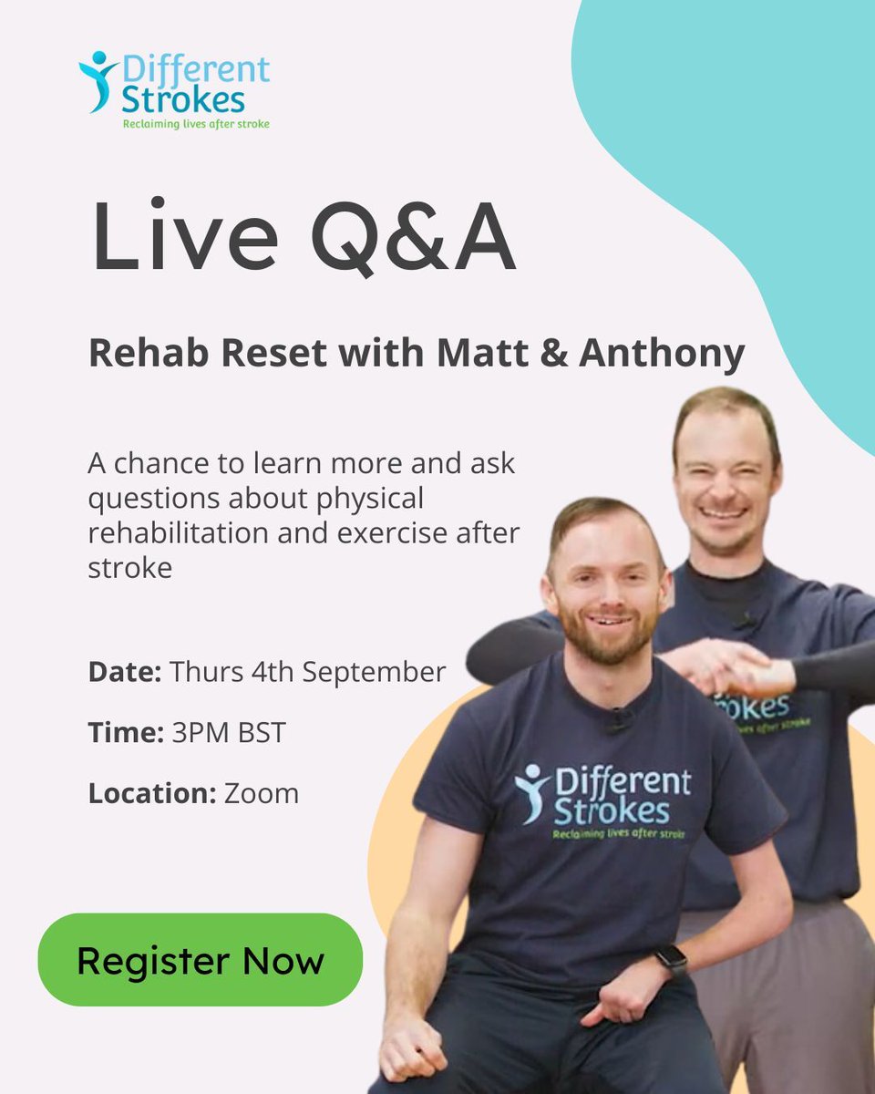 Got questions about rehab and exercise after stroke? Here’s your chance to ask them!

Join us on Thursday 4th September at 3pm for a special live Q&amp;A session with Matt and Anthony. 

buff.ly/3adSjiX 

#StrokeRehab #PhysicalRecovery #RehabReset