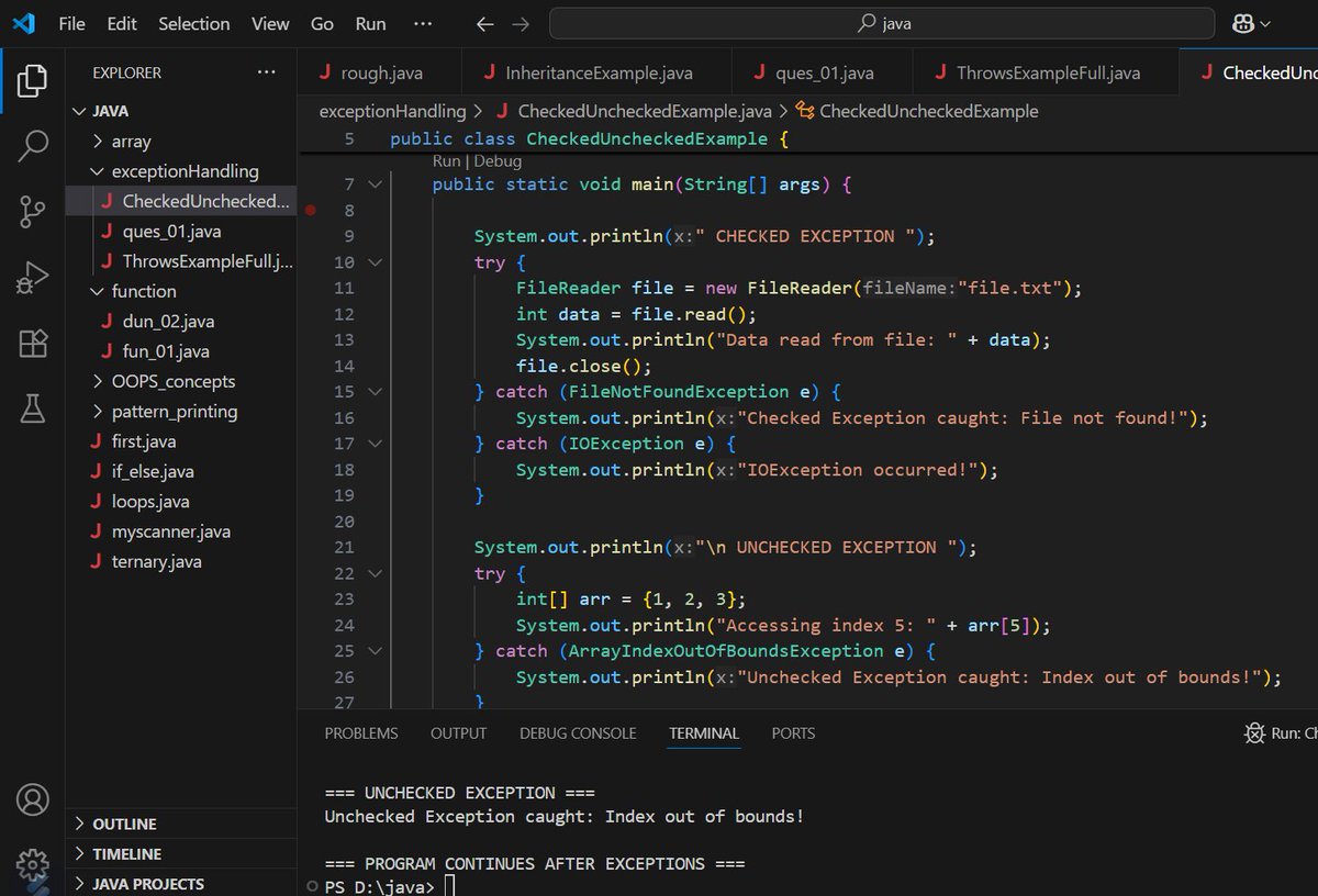 sonu2016841's tweet image. Day 7 of #CoreJava
Today,
I explored try-catch-finally,
throw vs throws,
checked and unchecked,
Exception Handling is used to handle program errors, prevent crashes,
Which exception has given you the most trouble in your Java journey ??
#100DaysOfCode #Java #LearnInPublic