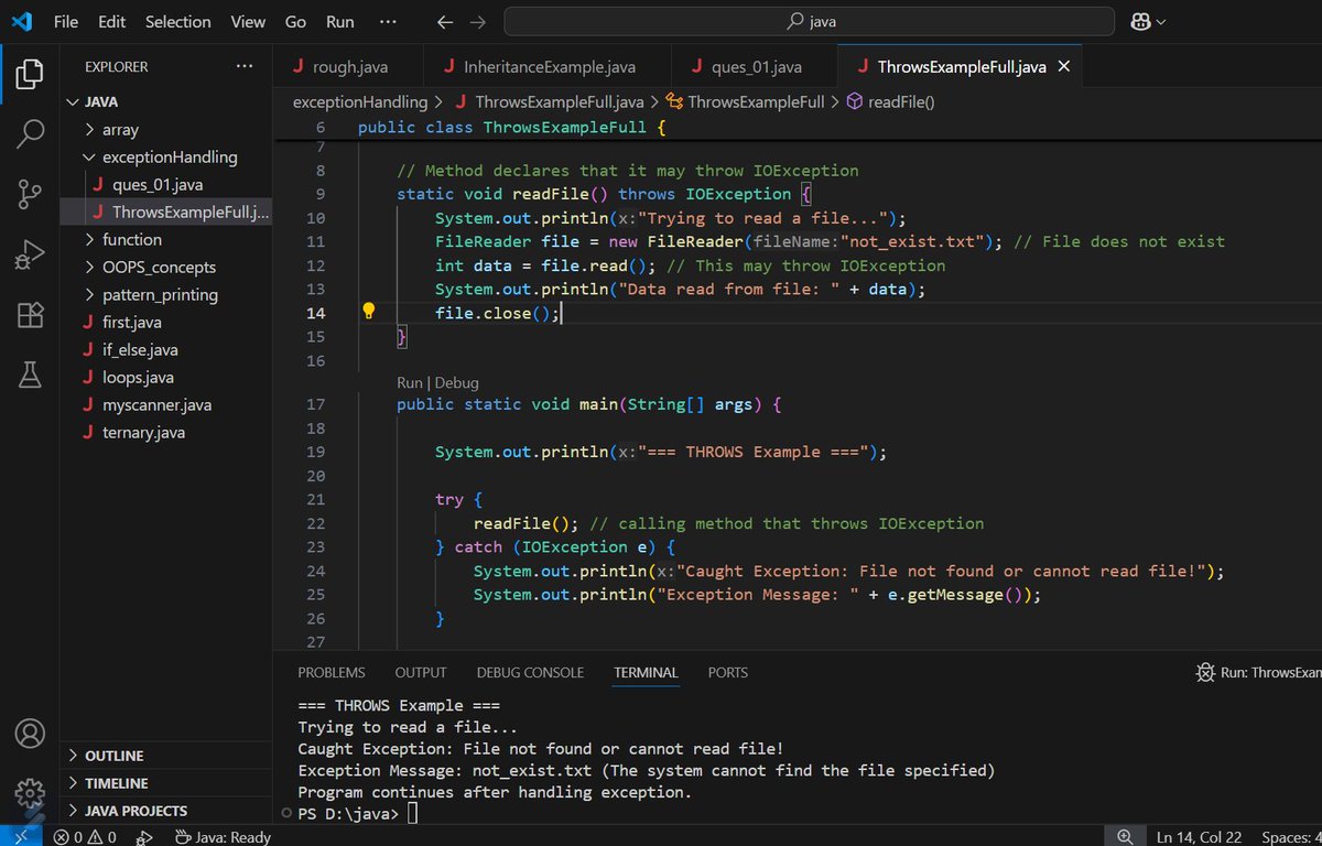 sonu2016841's tweet image. Day 7 of #CoreJava
Today,
I explored try-catch-finally,
throw vs throws,
checked and unchecked,
Exception Handling is used to handle program errors, prevent crashes,
Which exception has given you the most trouble in your Java journey ??
#100DaysOfCode #Java #LearnInPublic