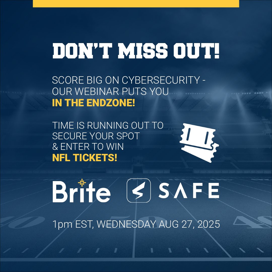 🏈Don’t get sidelined by cyber risk!

Join Brite and SAFE Security next week for a play-by-play on how to operationalize real-time cyber risk quantification.

🎟️ Secure your spot and attend live to enter for a chance to win NFL tickets.

Register today: hubs.ly/Q03DBGJc0