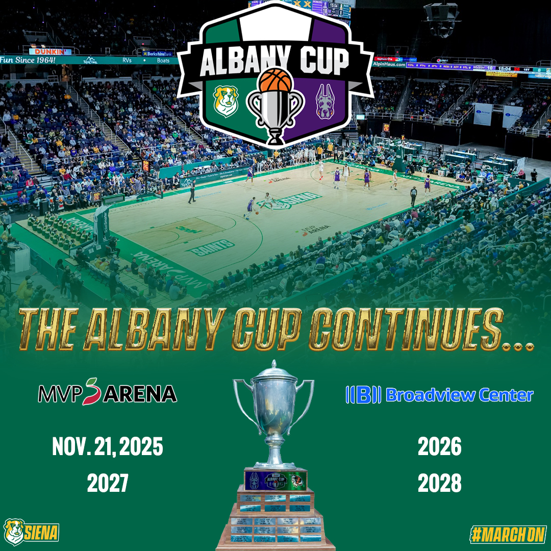 SienaMBB's tweet photo. 🏀 The premiere Capital Region men’s basketball series is set to continue for the next four years

🏆 See you for the next edition of the #AlbanyCup on Friday, Nov. 21 at @TheMVPArena! 

📰 https://t.co/DkOByegViI

#MarchOn x #SienaSaints x #MAACHoops x #NCAAM https://t.co/BKkLbqilO7