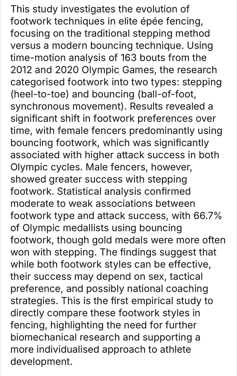Really pleased to get the first study from my PhD published. It investigates the number and effectiveness of attacks using two different footwork methods. We used 2012 &amp; 2020 Olympic Games and coded 136 épée bouts. Thanks to my supervisors <a href="/Luke_Oates92/">Luke Oates</a> and <a href="/anthonyturneruk/">Prof Anthony Turner</a>