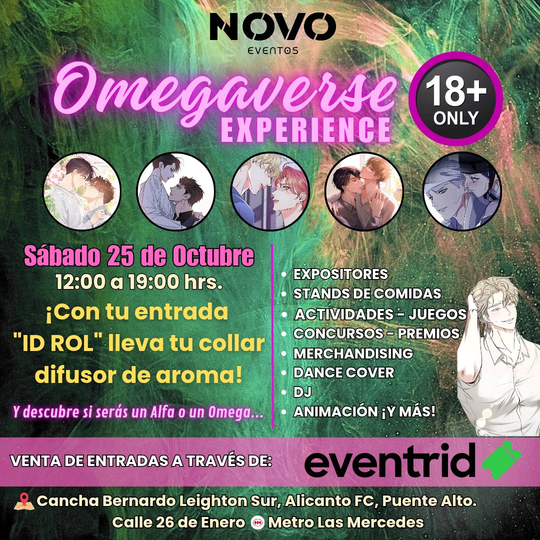 NOVO_Eventos_'s tweet photo. ¿Quieres descubrir tu rol en el Omegaverse? 
Este 25 de octubre encontrarás: Aromas, juegos, concursos, música, foodtrucks y más.
Entradas en 👉 https://t.co/IZ50I09zvS
🚫 +18 años
📍 Metro Las Mercedes – Puente Alto
 #OmegaverseExperience
#NOVOEventos #BLChile #manwha https://t.co/GhGaydiVxE