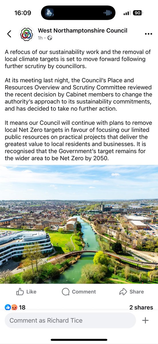 GREAT NEWS!

West Northants Council has reconfirmed its decision to scrap Net Zero targets

Reform are winning and shaping the agenda against Net Stupid Zero