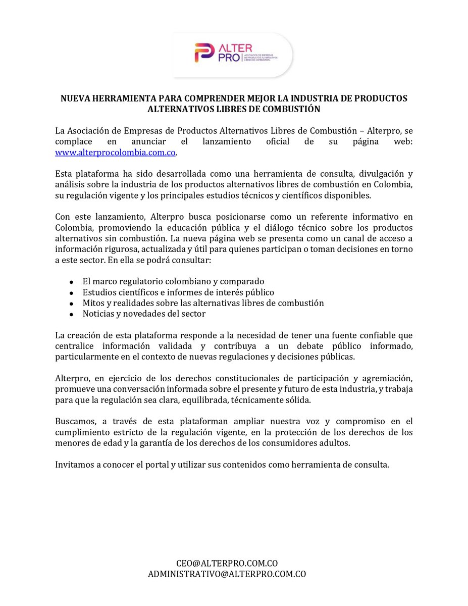 AlterProCO's tweet photo. Hoy lanzamos la página oficial de Alterpro: 
👉 https://t.co/N7LliLkO6P 

📢 Una nueva herramienta de referencia para entender el sector de los productos alternativos y su regulación. 

¡Conócela!

 #AlterProColombia https://t.co/mTwkAESuMK