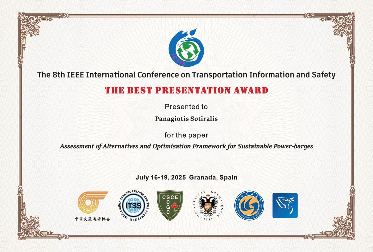 Maritime Risk Group (MRG) (@mrg_ntua) on Twitter photo 🏆 Honored moment for the <a href="/mrg_ntua/">Maritime Risk Group (MRG)</a> !
Our colleague <a href="/psotiralis/">Panagiotis Sotiralis</a> presented the paper “Assessment of Alternatives and Optimisation Framework for Sustainable Power-barges” at #ICTIS2025 and won the Best Presentation Award 🚢⚡🌍
#ICTIS2025 #BLUEBARGE #MaritimeTransport 🏆 Honored moment for the <a href="/mrg_ntua/">Maritime Risk Group (MRG)</a> !
Our colleague <a href="/psotiralis/">Panagiotis Sotiralis</a> presented the paper “Assessment of Alternatives and Optimisation Framework for Sustainable Power-barges” at #ICTIS2025 and won the Best Presentation Award 🚢⚡🌍
#ICTIS2025 #BLUEBARGE #MaritimeTransport