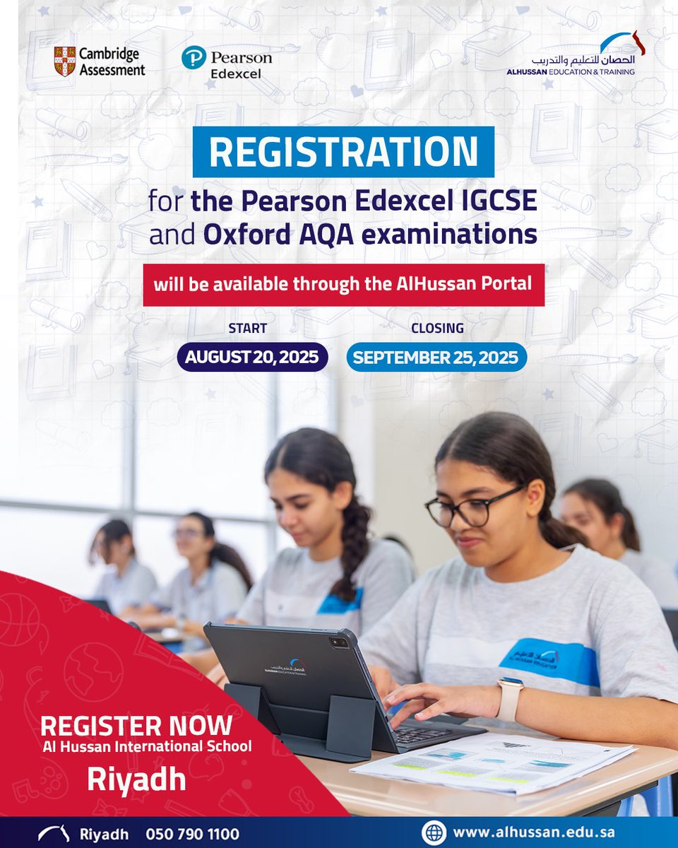 alhussan_edu's tweet image. 📢 Registration is now open for Pearson Edexcel IGCSE exams!
Register only via our portal: 🔗 epayment.alhussan.edu.sa

🗓 Opens: Aug 20, 2025
⚠️ Late fee: Sep 3
⏳ Closes: Sep 25

#IGCSE #Pearson #Alhussan_Schools #Riyadh