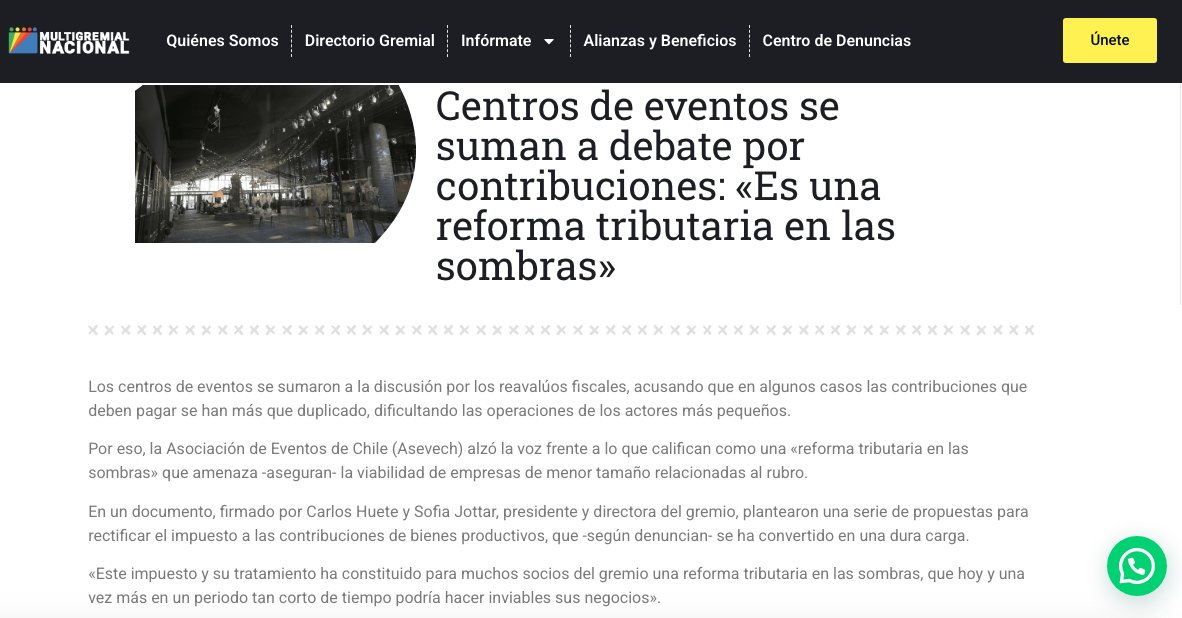 ¡Gracias por el apoyo <a href="/MultigremialN/">Multigremial Nacional de Emprendedores</a>! Queremos destacar su gestión en medios y la difusión de las publicaciones sobre el problema que afecta a los centros de eventos con los reavalúos fiscales cuya alza injustificada ponen en riesgo su continuidad.

mgnacional.cl/centros-de-eve…