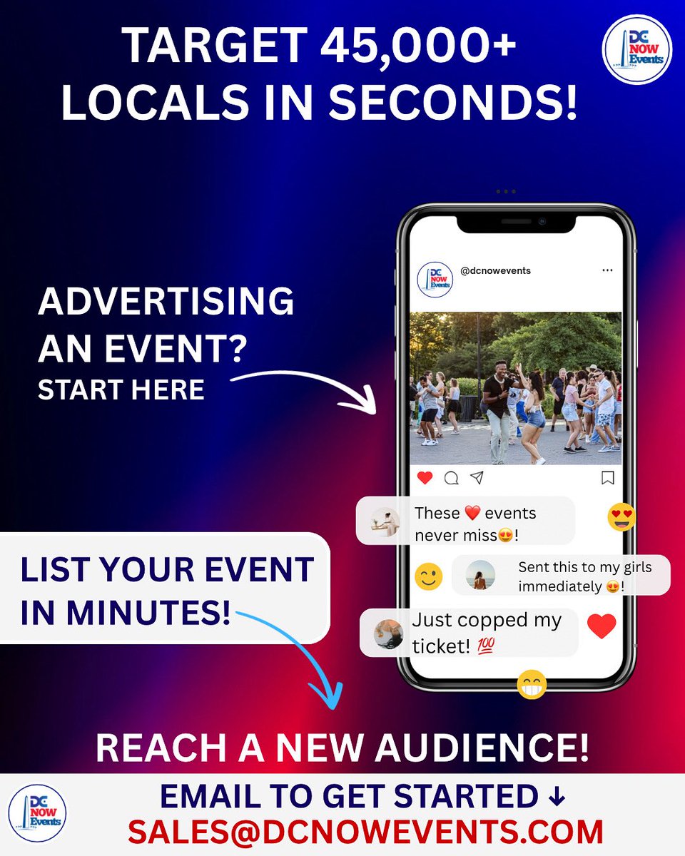 DC Now Events (@dcnowevents) on Twitter photo Want your event seen by the right crowd? This is how it happens 🎯
List your event in minutes ⏱️
📧 sales@dcnowevents.com
Locals don’t wait to discover something to do they check here first!
#DCNowEvents reaches over 45,000 eventgoers across DC, Maryland, and Virginia 📍 Want your event seen by the right crowd? This is how it happens 🎯
List your event in minutes ⏱️
📧 sales@dcnowevents.com
Locals don’t wait to discover something to do they check here first!
#DCNowEvents reaches over 45,000 eventgoers across DC, Maryland, and Virginia 📍