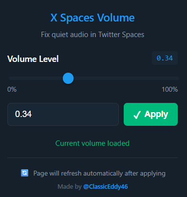 ClassicEddy46's tweet photo. X Spaces Volume is fixed now. By us, users... (While @elonmusk is busy with waifus and image to video generation)

Ever had this bug when you join X Spaces and barely hear speakers, look for the volume settings but... THERE IS NONE?! 🤬
I found this post by @cryptogrit where he explains step by step how to fix it by going into developer tools in your browser and adjusting the settings.

Go show him some love and appreciation as he's smart af and fully deserves every single follower he has:
https://t.co/srFbdgTzDD

☝️But since I'm lazy to do this manually every time I restart my pc/browser, I've made an extension based on this info and now managing sound on X takes 3 seconds at max.

Extension link: https://t.co/iocRAXtR9W

When you install the extension:
1) Make sure you're on X, refresh the page
2) Click the extension icon
3) Adjust your preferred volume level and click apply
4) The page will  refresh with your new volume settings after you click "Apply"
5) Now you can re-join the Spaces and enjoy the conversation. 

✅Pros
You can control sound directly in your browser/X without messing up whatever else you have going on in your headset/speakers meanwhile.
❌Cons
Automatic page refresh has to be done every time to adjust the volume.

🎚️FEATURES  
- Volume slider (0-100%) with real-time volume number preview 
- Precise numeric input for exact control
- One-click apply with automatic page refresh 
- Dark theme matching X's design 

(Sorry if you prefer light theme, I might update if there're many of you, just let me know in the comments haha)

P.S. If you have more features suggestions - feel free. Lets fix X ourselves.