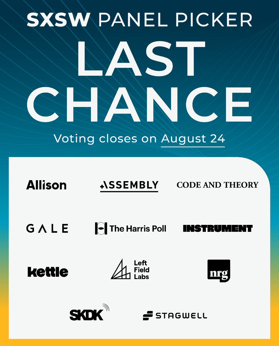 Just a few days left to vote on the <a href="/sxsw/">SXSW</a> Panel Picker!

Check out the incredible panel submissions from across our network and cast your vote below 👇 

stagwellglobal.com/vote-for-stagw…

<a href="/codeandtheory/">Code and Theory</a> <a href="/instrument/">Instrument</a> <a href="/wearekettle/">Kettle</a> <a href="/LeftFieldLabs/">Left Field Labs</a> 
<a href="/Allisonww_/">Allison</a> <a href="/NRG_Legal/">NationalResearchGroup</a> <a href="/_AssemblyGlobal/">Assembly</a> <a href="/SKDK/">SKDK</a>