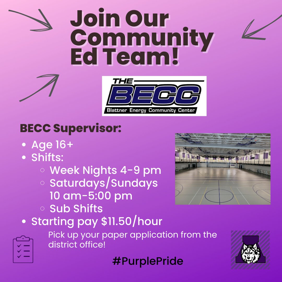 Community Ed is seeking BECC Supervisors for this upcoming school year. Please pick up a paper application from the district office.  Open until filled~ Flexible scheduling to work around your other activities!  Any questions contact Marie Reszel.
